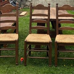 Set of 5 Antique solid oak wood ladder back dining chairs with original wicker seats