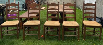 Set of 5 Antique solid oak wood ladder back dining chairs with original wicker seats