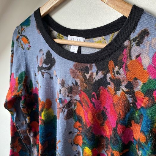 Kenar Blue Floral 100% Merino Wool Knit Jumper Sweater 3/4 Sleeve Size M UK 10