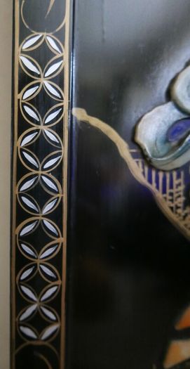 Vintage large Japanese Mother of Pearl Wall Panel / Black Lacquer Geisha Warrior & Floral ORIENTAL WALL ART