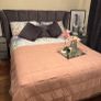 Grey velvet bed frame like new with matching curtains Image 2