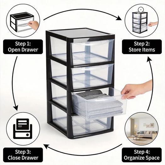 4 Drawer Large Plastic Storage Unitr,Sturdy Drawer Tower Organizer, Home Office School Kids Toy Bedroom Storage Solution, With See Through Drawers for Home Office Crafts Black Clear