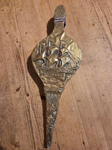 Brass Fire Bellows Early Vintage Embossed Sailing Ship