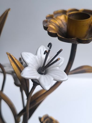 Antique 1930s French Botanical Gilt Metal & Porcelain Candelabra