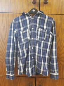 Blue/White checked long sleeved buttoned shirt with a hoodie - Size - XS