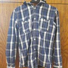Blue/White checked long sleeved buttoned shirt with a hoodie - Size - XS