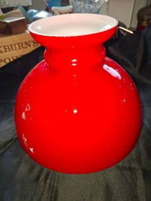 Oil Lamp Shade Red Globe Rayo style Glass Vianna France, bright red exterior with a white interior lining and a rounded globe shape, Postage Available or Collection