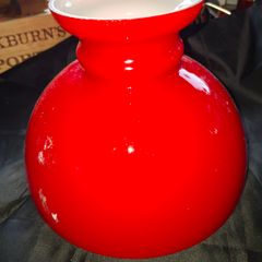 Oil Lamp Shade Red Globe Rayo style Glass Vianna France, bright red exterior with a white interior lining and a rounded globe shape, Postage Available or Collection