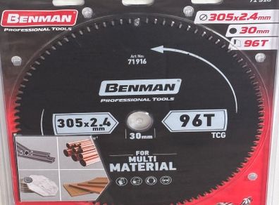 Benman 71916 Circular Saw Blade Multi Material For Table Saw & Miter Saw 305 X 2.4 mm/30 mm 96T