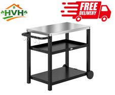 Outdoor Grill Dining Cart 3-Shelf Movable Pizza Oven Table Stand with Stainless Steel Top