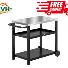 Outdoor Grill Dining Cart 3-Shelf Movable Pizza Oven Table Stand with Stainless Steel Top