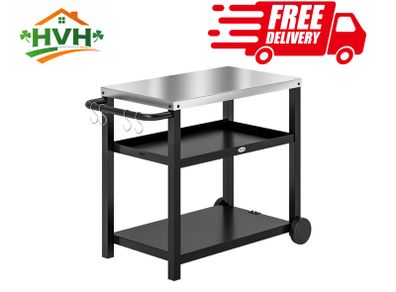 Outdoor Grill Dining Cart 3-Shelf Movable Pizza Oven Table Stand with Stainless Steel Top