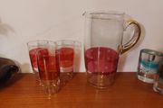 Fabulous Vintage Retro Mid-Century-Modern Hand Blown Tall Glass Pitcher with Three Matching Glasses in Clear Glass with Red Banding and Gold Gilt Banding and Cut Glass Star Pattern - Perfect for Summer Cocktails!