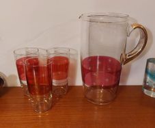 Fabulous Vintage Retro Mid-Century-Modern Hand Blown Tall Glass Pitcher with Three Matching Glasses in Clear Glass with Red Banding and Gold Gilt Banding and Cut Glass Star Pattern - Perfect for Summer Cocktails!