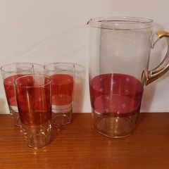 Fabulous Vintage Retro Mid-Century-Modern Hand Blown Tall Glass Pitcher with Three Matching Glasses in Clear Glass with Red Banding and Gold Gilt Banding and Cut Glass Star Pattern - Perfect for Summer Cocktails!