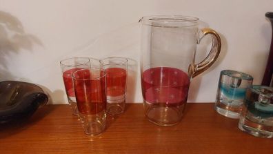Fabulous Vintage Retro Mid-Century-Modern Hand Blown Tall Glass Pitcher with Three Matching Glasses in Clear Glass with Red Banding and Gold Gilt Banding and Cut Glass Star Pattern - Perfect for Summer Cocktails!