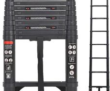 Aluminum Telescoping Ladder, 2.9M/9.5FT Portable Extension Ladder with 2 Detachable Hooks Extendable Folding Anti-Slip Loft Ladder with Certificate EN 131, Black