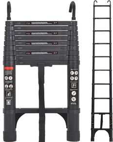 Aluminum Telescoping Ladder, 2.9M/9.5FT Portable Extension Ladder with 2 Detachable Hooks Extendable Folding Anti-Slip Loft Ladder with Certificate EN 131, Black