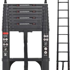 Aluminum Telescoping Ladder, 2.9M/9.5FT Portable Extension Ladder with 2 Detachable Hooks Extendable Folding Anti-Slip Loft Ladder with Certificate EN 131, Black