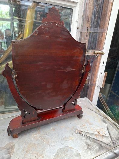 1850s to 1890s Antique Victorian Mahogany Shield-Shaped Dressing Table Mirror featuring Carved Scroll Supports and a Lift-up Trinket Compartment, Postage Available