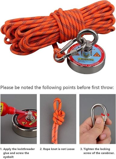 Fishing Magnet N52 Neodymium Magnets 1Pull Force with 10m Rope for Fishing and Magnetic Recovery Salvage Tools Under Water