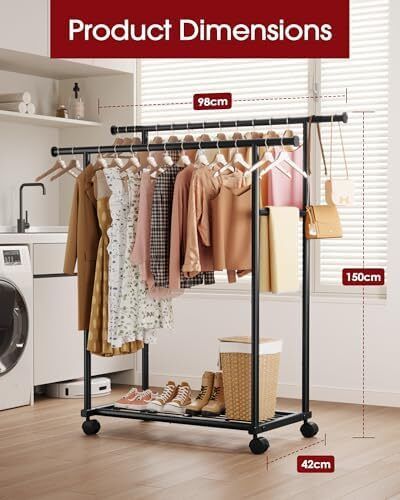 Double Rod Clothing Rack with Shelf & Wheels, 98x42x150cm, Black