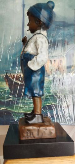 Smoking Boy - Cold Painted Bronze, Marble, Signed