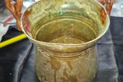 Antique Copper Cauldron featuring a Forged Bail Handle, Postage Available,