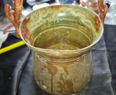 Antique Copper Cauldron featuring a Forged Bail Handle, Postage Available,