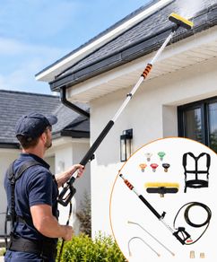 18 ft Pressure Washer Telescoping Wand 4000 PSI Power Washer Extension Wand with Gutter Cleaner, Brush Head, 5 Spray Nozzles & Support Harness