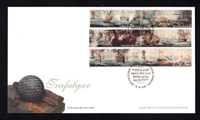 2005 Great Britain Bicentenary of the Battle of Trafalgar Commemorative Stamps Addressed First Day Cover (FDC) with Edinburgh pictorial cancel.