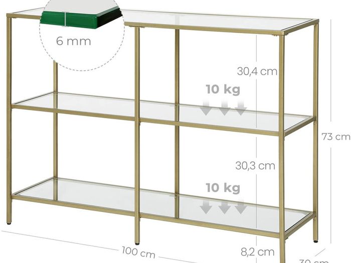 _Console table, hall table, 3 levels, side table, shelves made of tempered glass, 100 x 30 x 73 cm, metal frame, modern, for hall, living room, bedroom, gold-colored