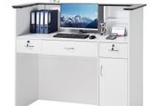 Reception Desk, 127.5cm Rectangular Front Counter Table, Modern Office Reception Desk with Light Strip, 3 Drawers &amp; Storage Cabinets, Retail Counter Table