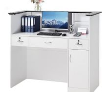 Reception Desk, 127.5cm Rectangular Front Counter Table, Modern Office Reception Desk with Light Strip, 3 Drawers & Storage Cabinets, Retail Counter Table