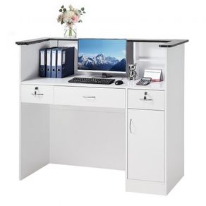 Reception Desk, 127.5cm Rectangular Front Counter Table, Modern Office Reception Desk with Light Strip, 3 Drawers & Storage Cabinets, Retail Counter Table
