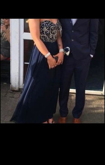 Strapless Navy blue with diamonds with zip on back Ball Gown/ Debs/ Prom Dress size UK 8