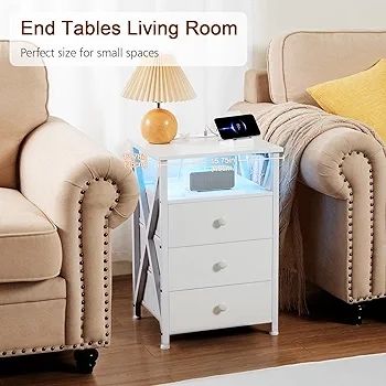 Bedside Table Set of 2 with Charging Station, Side Table with Led Lights, Bedside Cabinet with 3 Fabric Storage Drawers, End Table, Sofa Side Table, Nightstand for Living Room