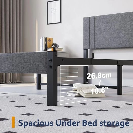 Metal Single Bed Frame with Storage and Shelf Headboard, 3ft Upholstered Metal Single Bed Frame with Slats Enhanced Support, No Box Spring Needed, Noise Free,Easy Assembly,Dark Gray bed frames