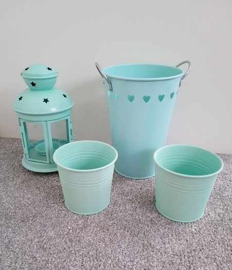 Mint Colour Decor Set Lantern, Bucket And 2 Flower Pots