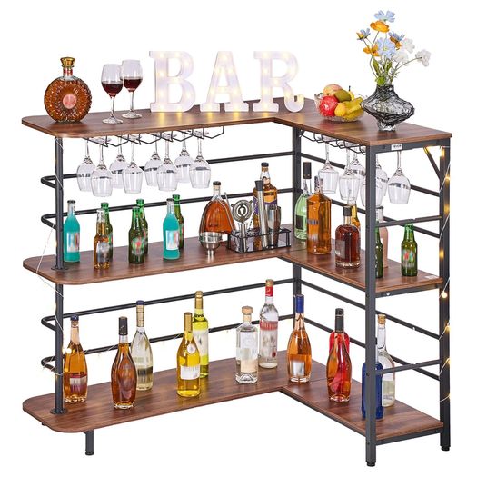 Home Bar Unit, L-Shaped Wine Bar Cabinet Table 3-Tier with Storage Shelves