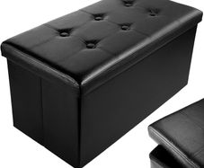 NEW | Leather 76 x 38 x 38cm Black Ottoman Foldable Storage Boxes Seat Foot Stool Storage Box with Lids for Kids Toys, Bedroom, Hallway, Living Room
