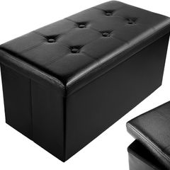 NEW | Leather 76 x 38 x 38cm Black Ottoman Foldable Storage Boxes Seat Foot Stool Storage Box with Lids for Kids Toys, Bedroom, Hallway, Living Room