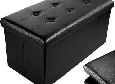 NEW | Leather 76 x 38 x 38cm Black Ottoman Foldable Storage Boxes Seat Foot Stool Storage Box with Lids for Kids Toys, Bedroom, Hallway, Living Room