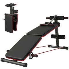 Foldable Sit Up Bench with Resistance Ropes, Core Workout Bench with Adjustable Thigh Support, for Home Gym, Black