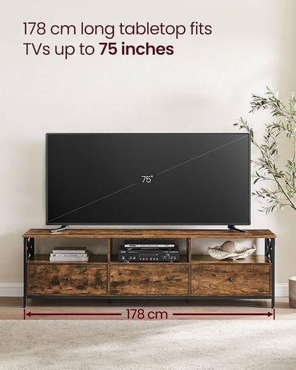 lowboard for TVs up to 80 inches, 178 cm long, TV table with 3 drawers, 3 open compartments, 40 x 178 x 50 cm, living room, steel frame, vintage brown-black