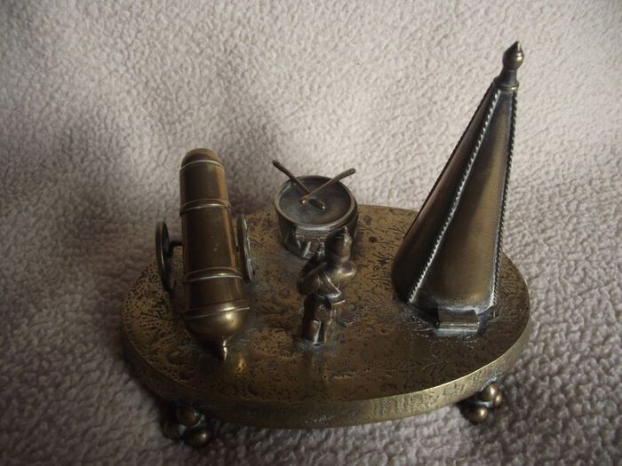 Victorian Brass Inkwell Desk Set - Military Theme - Lozenge Mark 13th January 1883