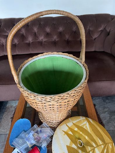 Mid Century Table Height Vintage Wicker Sewing Craft Basket 60s