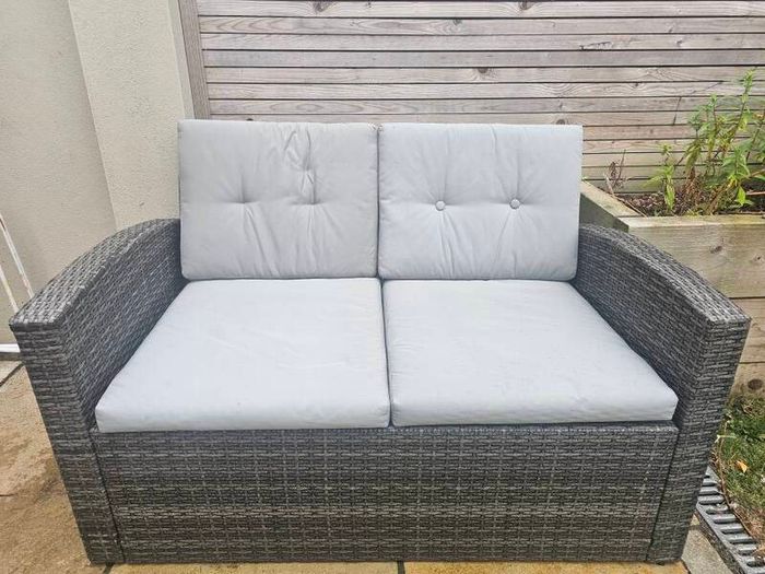 Grey Rattan Garden Sofa & Storage Table Set