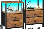 Night Stand Set 2, LED Nightstand with Charging Station
