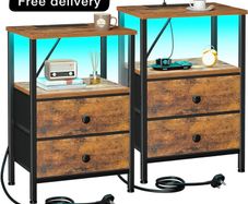 Night Stand Set 2, LED Nightstand with Charging Station